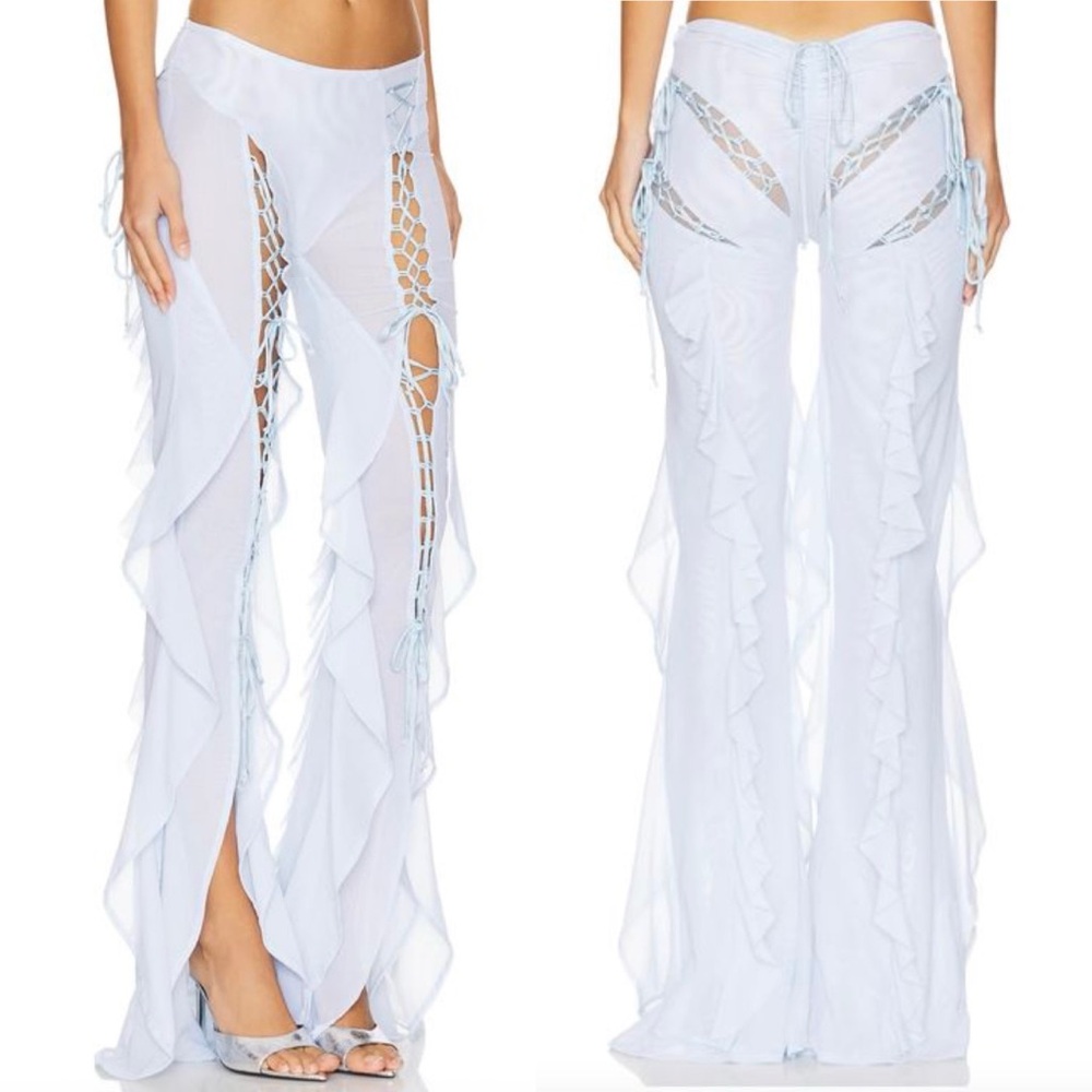 Powder Blue Amor Mia Sheer Lace-Up Ruffle Pants